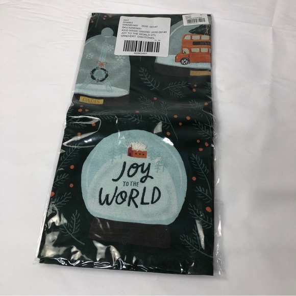 Anthropologie Christmas Holiday Green Dish Towel Joy World Snow Globe New in Pkg - Picture 3 of 9
